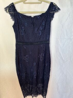 NWT ALLANDWELL dark blue lace short sleeve dress with lining.  Size Medium.